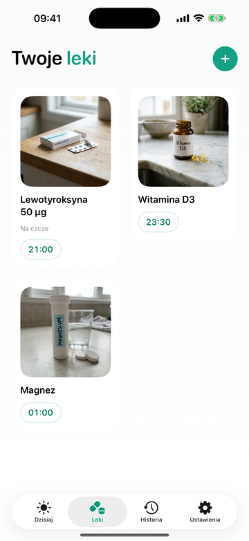 Leki: opakowania, nazwy i ustawione godziny przyjmowania leków.