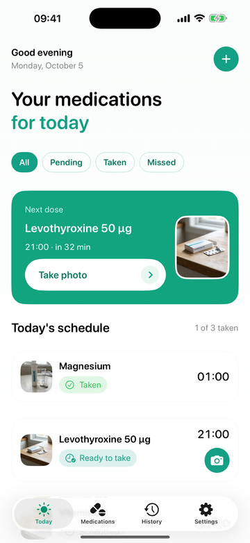 Lekobudzik Today screen: the next dose, Take photo button and daily schedule.